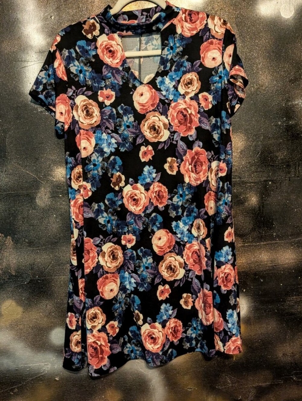 Joe Boxer Black Floral V-Neck Short Sleeve Dress with Coral and Blue Roses